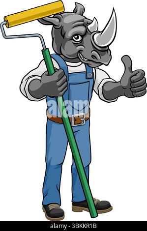 Rhino Painter Decorator Paint Roller Mascot Man Stock Vector