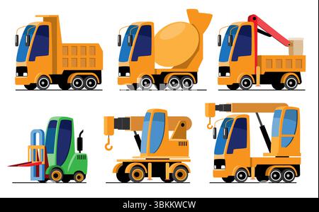 Industrial or Construction Vehicles set cartoon illustration included Dump, Cement Mixer, Forklift and Crane truck . Flat design . Isolate on white ba Stock Vector