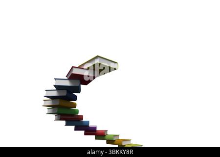 Spiral of colorful hardback books rising in 3D render on white background, forming staircase curve Stock Photo