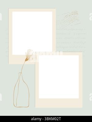 Vintage photo book collage template, frames, scrapbooking, stamp, flower in bottle drawing. Vector illustration Stock Vector