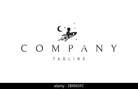Vector logo with an abstract image of a child flying on a rocket against the background of stars in a dream. Stock Vector
