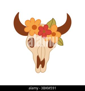 Cow or bull skull with flower crown. Western boho illustration, ideal for cowgirl themes or aesthetic decor. Stock Vector