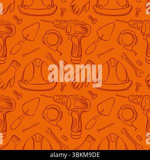 Seamless construction pattern with drill, helmet, gloves. wrench and tools line art style on orange background. Perfect for building industry Stock Vector