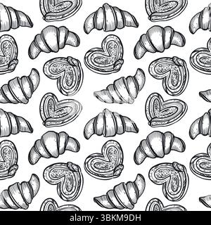 Seamless vector pattern. Pastries, buns, buns, croissants, cheesecakes, all objects are hand-drawn with ink. Suitable for printing on paper, product Stock Vector