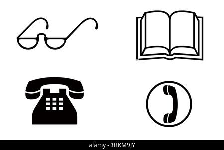 Reading and Communication Black Icons - Glasses, Book, and Telephone Symbols Stock Vector