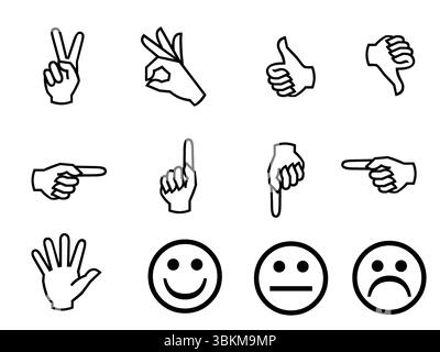 Hand Gestures and Emoticon Line Art Icons - Communication and Feedback Symbols Stock Vector