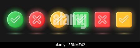 Realistic check mark and cross icons of round and square shapes in 3D style with neon elements isolated on black background. Vector illustration. Stock Vector