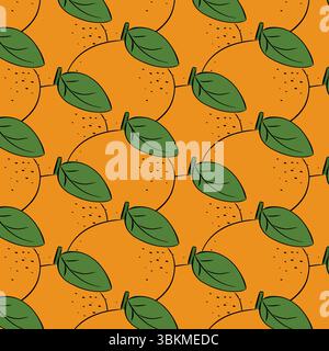 Oranges fruits with leaves, branches Seamless pattern. Vector graphic line ink illustration. modern botanical illustration. Design for pattern, poster Stock Vector