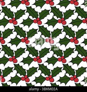 Holly leaves and berries Seamless pattern. Vector graphic line ink illustration. for greeting cards, wrapping papers. Merry Christmas, Happy New Year Stock Vector