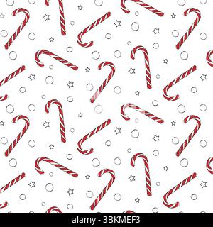 Christmas candy cane, swirl candy and snowflakes seamless pattern. Vector graphic line ink illustration. Holiday traditional peppermint backdrop. For Stock Vector