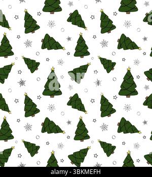 Christmas tree with snowflakes Seamless pattern. Vector graphic line ink illustration. Silhouette sign for logo, print, comics, fashion, pop art, boar Stock Vector