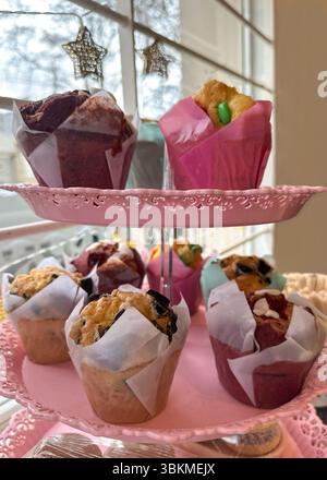 Close-up of colorful muffins and assorted baked goods arranged on a pink plate. Stock Photo