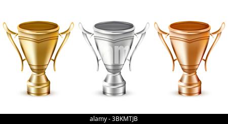Gold, silver and bronze trophy cups set. Vector 3d realistic award prize illustration. Champion trophy icons. Design elements reward for championship Stock Vector