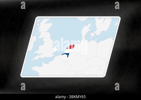 Netherlands Highlighted in Flag Colors on Geographic Map. Modern Map on a dark abstract backdrop. Stock Vector
