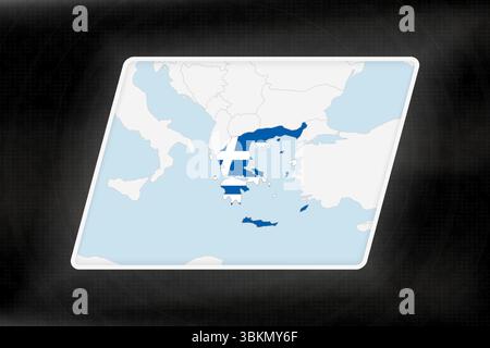 Greece Highlighted in Flag Colors on Geographic Map. Modern Map on a dark abstract backdrop. Stock Vector