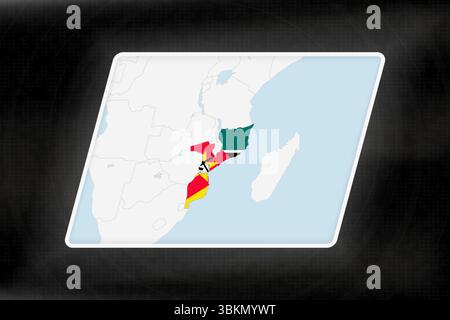 Mozambique Highlighted in Flag Colors on Geographic Map. Modern Map on a dark abstract backdrop. Stock Vector