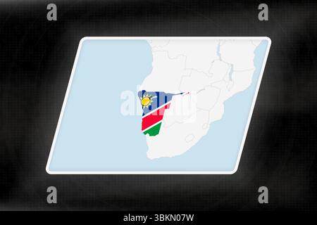 Namibia Highlighted in Flag Colors on Geographic Map. Modern Map on a dark abstract backdrop. Stock Vector