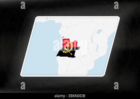 Angola Highlighted in Flag Colors on Geographic Map. Modern Map on a dark abstract backdrop. Stock Vector