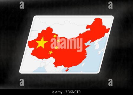 China Highlighted in Flag Colors on Geographic Map. Modern Map on a dark abstract backdrop. Stock Vector
