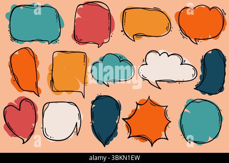 Doodle multicolored speech bubbles for selecting text . Chat boxes in cartoon style Stock Vector