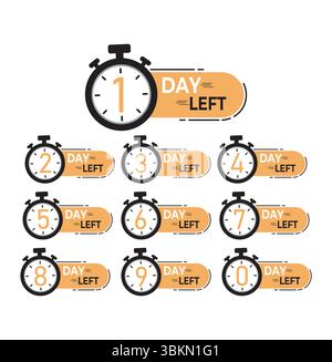 Countdown days left banner. 0, 1, 2, 3, 4, 5, 6, 7, 8, 9 days left icon in flat style. Calculation of time of sale. Sale promotion timer sign business Stock Vector