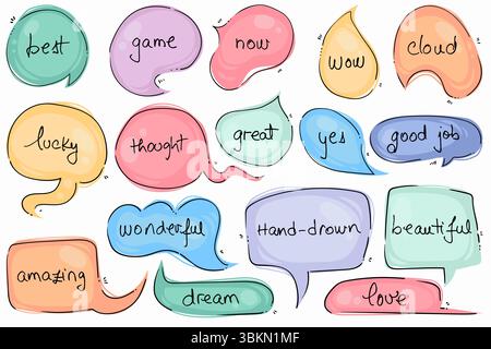Multicolored speech bubbles for selecting text . Chat boxes with handwritten short phrases with pastel colors Stock Vector