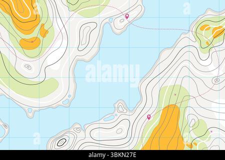 Topographic map with mountain relief, contur abstract wavy lines, top view land Stock Vector