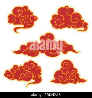 Hand drawn linear oriental clouds. Chinese cloud element collection. Elegant clouds and waves in Japanese style. Asian traditional ornaments.  Stock Vector