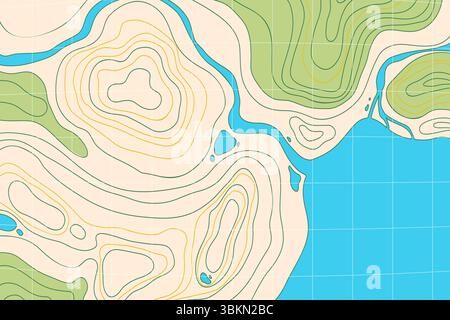 Topographic map with mountain relief, contur abstract wavy lines, top view land Stock Vector