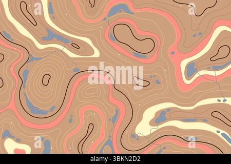 Topographic map with mountain relief, contur abstract wavy lines, top view land Stock Vector
