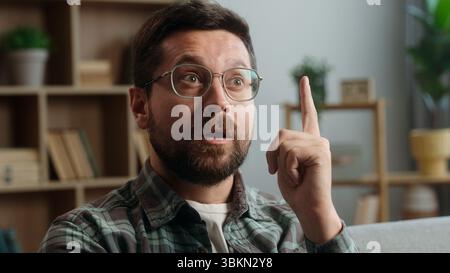 Portrait pensive thinking hesitate unsure think thoughtful confused puzzled Caucasian man male guy come up with idea finding answer creative solution Stock Photo