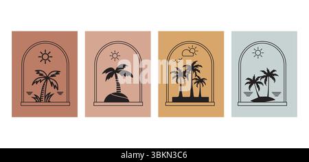 Set of four minimal palm tree illustrations inside arched frames with earthy tone backgrounds. Perfect for tropical posters, boho decor, travel brand Stock Vector