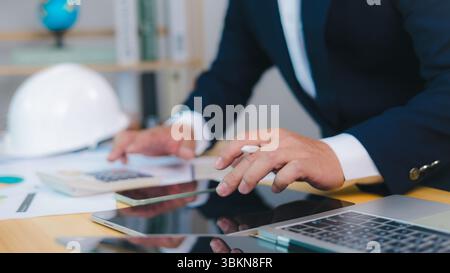 Project construction cost planning and calculation, Project presentation plan. Construction planning, structural calculation, Architect or engineer si Stock Photo