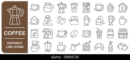 Coffee Culture editable line icon set. Enjoying Coffee. Brew and Drinking linear icons. Cup, Coffee Machine, Beans, Packaging, Grinder, Cafe. Line wit Stock Vector
