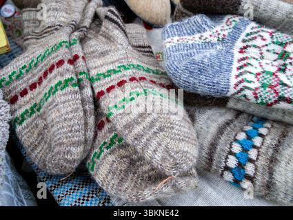 Hand knitted wool socks with ornament Stock Photo