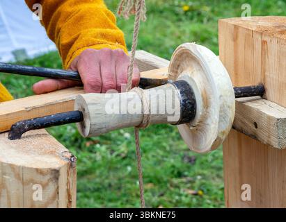 Reconstruction of a medieval lathe. Historical reconstruction festival "Rusborg" Stock Photo