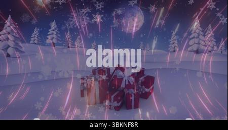 Displaying red gift boxes on snow under moonlight by pine trees with falling snowflakes, copy space Stock Photo