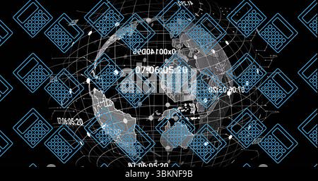 Displaying wireframe globe on black backdrop, with blue calculator icons and white data codes Stock Photo