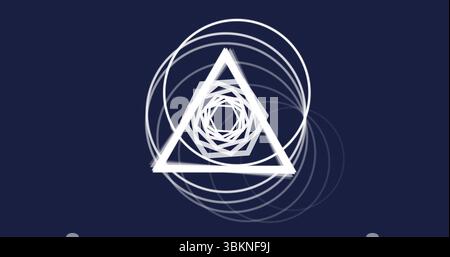 Displaying nested triangles and translucent rings on navy field, with white triangle outline Stock Photo