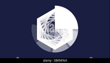 Displaying spiraling segments in white hexagon on navy field with gray circle and quarter circle Stock Photo