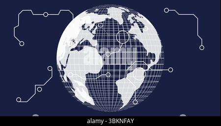 Displaying wireframe globe with continent shapes floating on dark blue field, with circuit nodes Stock Photo