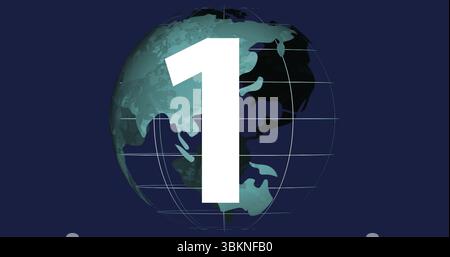 Displaying white numeral 1 overlaying stylized globe in digital graphic, featuring grid lines Stock Photo