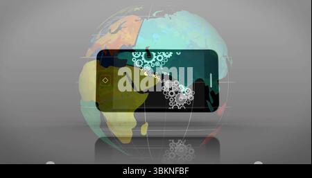 Displaying phone outline with gear icons over globe on grey reflective floor with grid and glitches Stock Photo