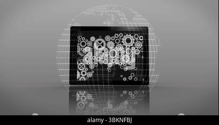 Black device displaying white gear icons forming world map on shiny surface in lab, wireframe globe Stock Photo