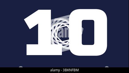 Showing stylized white numeral 10 on dark navy-blue digital canvas, with rotating polygon spiral Stock Photo