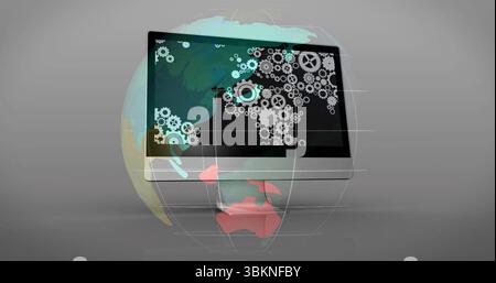 Floating widescreen monitor and globe with grid rotating in virtual studio, with gear icon overlay Stock Photo