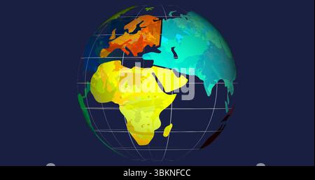 Displaying stylized Earth globe floating in navy studio, showing gradient continents and grid lines Stock Photo