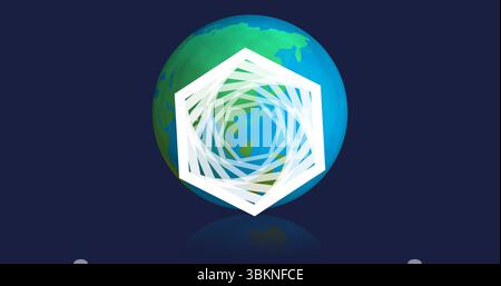 Rotating white geometric spiral overlaying stylized globe on navy background, highlighting design Stock Photo