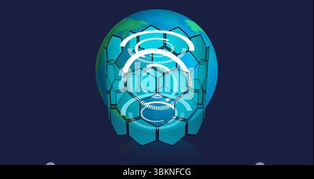 Displaying Earth globe with hexagon grid and UI rings on navy background, data visualization Stock Photo