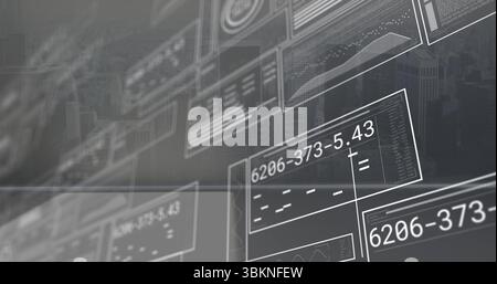 Displaying data panels showing alphanumeric codes, charts over urban skyline, with grid overlays Stock Photo